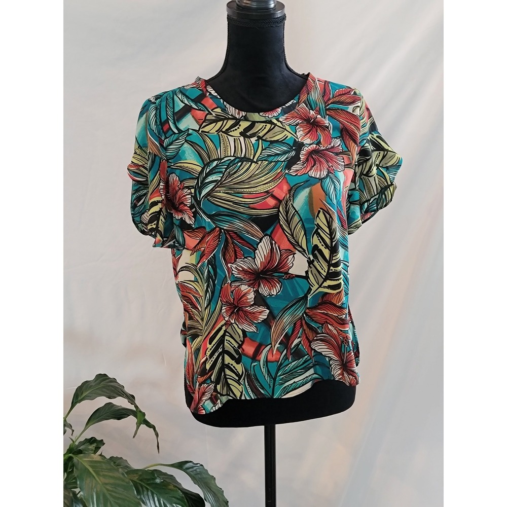 Loft Outlet Petite XSP Tropical Floral Hibiscus Teal Short Sleeve Blouse Top